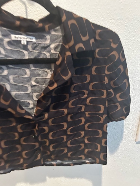 Reformation Crop Top Black Brown Linguini Print Collared Button Up - Picture 6 of 6